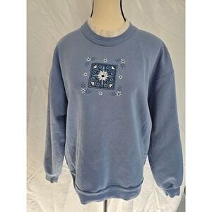 Top Stitch by Morning Sun Womens Blue Embroidered Floral Sweatshirt Pullover ‎ L